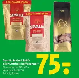 Coop 365 Gevalia instant kaffe eller L'OR hele kaffebønner tilbud