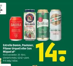 Coop 365 Estrella Damm, Paulaner, Pilsner Urquell eller San Miguel øl tilbud