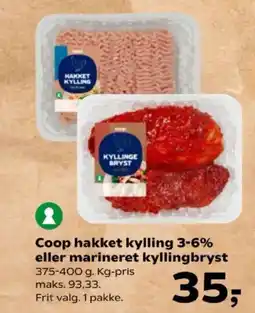 Kvickly Coop hakket kylling 3-6% eller marineret kyllingbryst tilbud