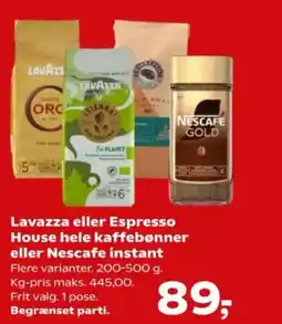Kvickly Lavazza eller Espresso House hele kaffebønner eller Nescafe instant tilbud
