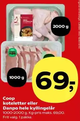 Kvickly Coop koteletter eller Danpo hele kyllingelår tilbud