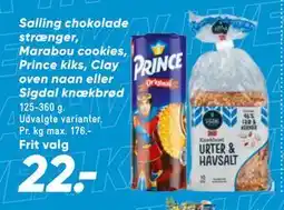 Bilka Salling chokolade strænger, Marabou cookies, Prince kiks, Clay oven naan eller Sigdal knækbrød tilbud
