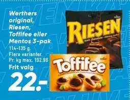 Bilka Werthers original, Riesen, Toffifee eller Mentos 3-pak tilbud