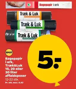 Netto Bagepapir i ark, Træk&Luk 15, 20 eller 30 liter affaldsposer tilbud