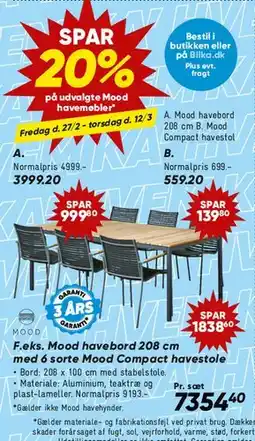 Bilka Mood havebord 208 cm med 6 Mood Compact havestole tilbud