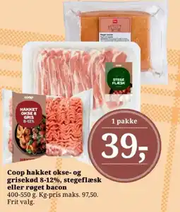 Dagli'Brugsen Coop hakket okse- og grisekød 8-12%, stegeflæsk eller røget bacon tilbud