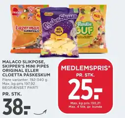 MENY Malaco slikpose, skipper's mini pipes original eller cloetta påskeskum tilbud