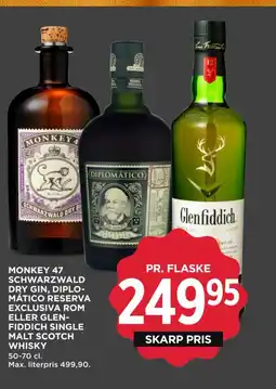 MENY Monkey 47 schwarzwald dry gin, diplo- mático reserva exclusiva rom eller glen- fiddich single malt scotch whisky tilbud