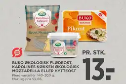 MENY Buko økologisk flødeost, karolines køkken økologisk mozzarella eller hytteost tilbud