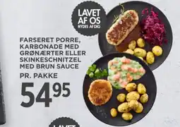 MENY Farseret porre, karbonade med grønærter eller skinkeschnitzel med brun sauce tilbud