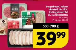 Løvbjerg Burgerboost, hakket oksekød 14-18%, kyllingeinderfilet el. svinekoteletter tilbud