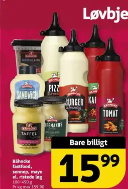 Løvbjerg Bähncke fastfood, sennep, mayo el. ristede løg tilbud