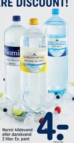 REMA 1000 Nornir kildevand eller danskvand 2 liter. Ex. pant tilbud