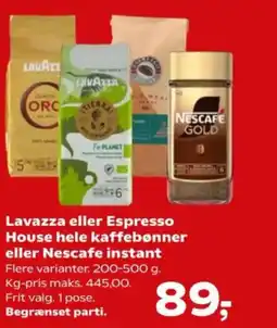 SuperBrugsen Lavazza eller Espresso House hele kaffebønner eller Nescafe instant tilbud