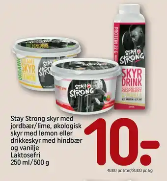 REMA 1000 Stay Strong skyr med jordbær/lime, økologisk skyr med lemon eller drikkeskyr med hindbær og vanilje Laktosefri tilbud
