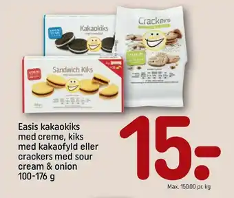 REMA 1000 Easis kakaokiks med creme, kiks med kakaofyld eller crackers med sour cream & onion tilbud