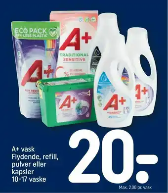 REMA 1000 A+ vask Flydende, refill, pulver eller kapsler 10-17 vaske tilbud