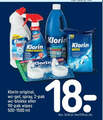 REMA 1000 Klorin original, wc-gel, spray, 2-pak wc-blokke eller 90-pak wipes 500-1500 ml tilbud