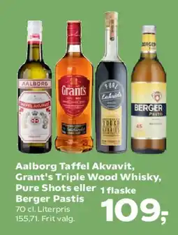SuperBrugsen Aalborg Taffel Akvavit / Grant's Triple Wood Whisky / Pure Shots / Berger Pastis tilbud