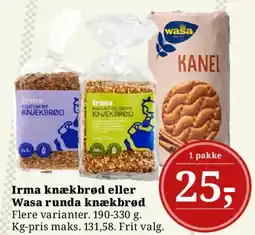 Dagli'Brugsen Irma knækbrød eller Wasa runda knækbrød tilbud