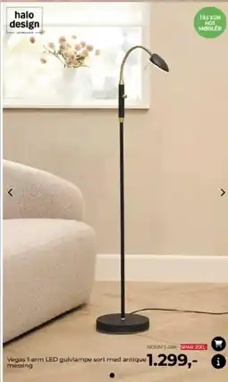 Møblér Vegas 1-arm LED gulvlampe sort med antique messing tilbud