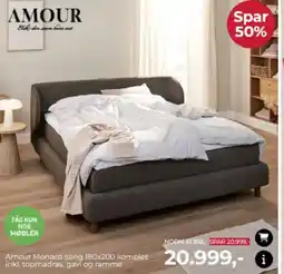 Møblér Amour Monaco seng 180x200 komplet inkl. topmadras, gavl og ramme tilbud