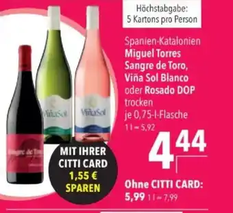 Citti Miguel Torres Sangre de Toro, Viña Sol Blanco oder Rosado DOP tilbud