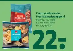 Coop 365 Coop pølsehorn eller focaccia med pepperoni tilbud