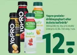 Coop 365 Yopro protein- drikkeyoghurt eller Activia kefirdrik tilbud