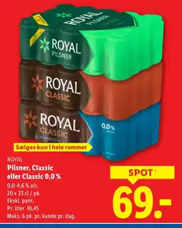 Lidl ROYAL Pilsner, Classic eller Classic 0,0% tilbud