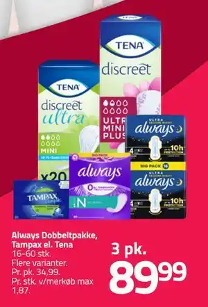 Fleggaard Always Dobbeltpakke, Tampax el. Tena tilbud
