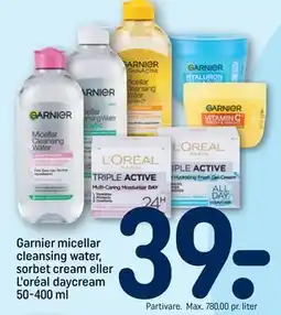 REMA 1000 Garnier micellar cleansing water, sorbet cream eller L'oréal daycream 50-400 ml tilbud