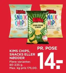 MENY KIMS CHIPS, SNACKS ELLER NØDDER tilbud