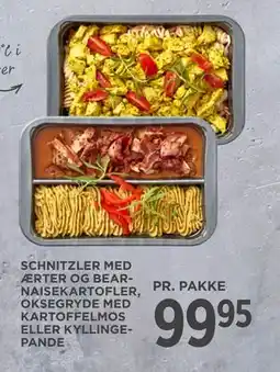 MENY SCHNITZLER MED ÆRTER OG BEARNAISEKARTOFLER, OKSEGRYDE MED KARTOFFELMOS ELLER KYLLINGE PANDE tilbud