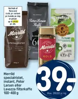 REMA 1000 Merrild specialristet, instant, Peter Larsen eller Lavazza filterkaffe tilbud