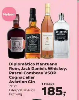 Kvickly Diplomático Mantuano Rom, Jack Daniels Whiskey, Pascal Combeau VSOP Cognac eller Aviation Gin tilbud