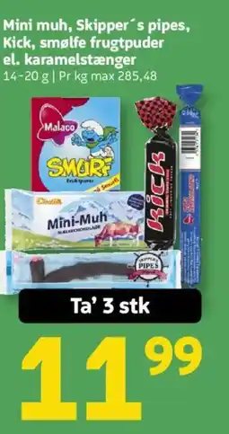 Løvbjerg Mini muh, Skipper's pipes, Kick, smølfe frugtpuder el. karamelstænger tilbud