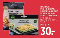 MENY Rahbek Fish & Chips / Lakselasagne / Blæksprutteringe tilbud