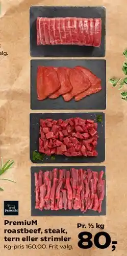SuperBrugsen Premium roastbeef, steak, tern eller strimler tilbud