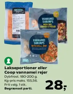 SuperBrugsen Lakseportioner eller Coop vannamei rejer tilbud