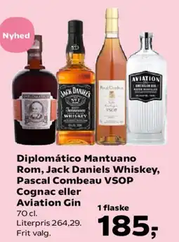 SuperBrugsen Diplomático Mantuano Rom / Jack Daniels Whiskey / Pascal Camus VSOP Cognac / Aviation Gin tilbud