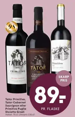 SPAR Tator Primitivo / Tator Cabernet Sauvignon / Primitivo Puglia Diciotto Gradi tilbud