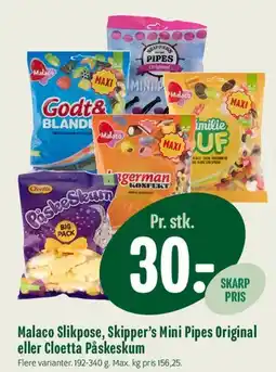 Min Købmand Malaco slikpose, Skipper's Mini Pipes eller Cloetta Påskeskum tilbud