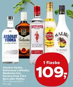 Kvickly Absolut Vodka, Ballantine's Whisky, Beefeater Gin, Havana Club 3 års Rom eller Malibu tilbud