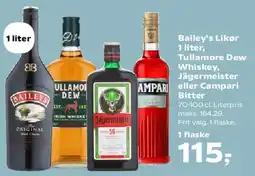 Kvickly Bailey's Likør 1 liter, Tullamore Dew Whiskey, Jägermeister eller Campari Bitter tilbud