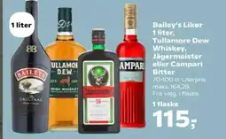 Kvickly Bailey's Likør 1 liter, Tullamore Dew Whiskey, Jägermeister eller Campari Bitter tilbud