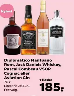 Kvickly Diplomático Mantuano Rom, Jack Daniels Whiskey, Pascal Combeau VSOP Cognac eller Aviation Gin tilbud