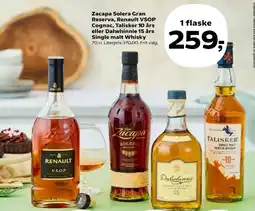 Kvickly Zacapa Solera Gran Reserva, Renault VSOP Cognac, Talisker 10 års eller Dalwhinnie 15 års Single malt Whisky tilbud