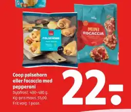 Coop 365 Coop pølsehorn eller focaccia med pepperoni tilbud