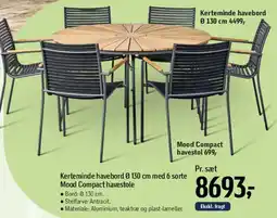 Føtex Kerteminde havebord Ø 130 cm med 6 sorte Mood Compact havestole tilbud